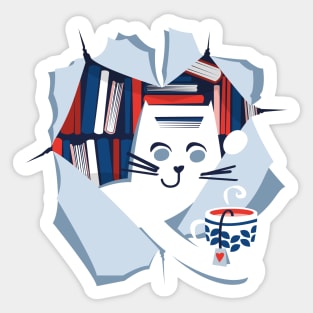 Bookish cat // white cat with tea mug neon red flesh coral white classic and pastel blue books Sticker